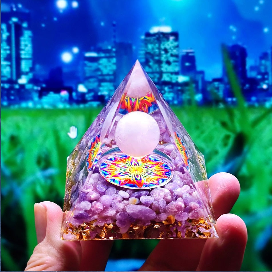 Orgone Pyramid Amethyst Peridot Healing Crystal Energy Generator Reiki Balancing Orgonite Pyramid EMF Protection Meditation Tool