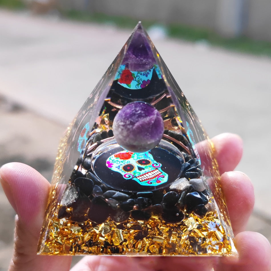 Orgone Pyramid Amethyst Peridot Healing Crystal Energy Generator Reiki Balancing Orgonite Pyramid EMF Protection Meditation Tool