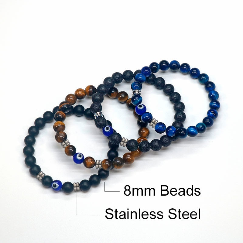 Natural Tiger Eye Beaded Bracelet Amulet For Protection Blue Evil Eye Bracelet For Defense Against Archons & Malevolent Forces.