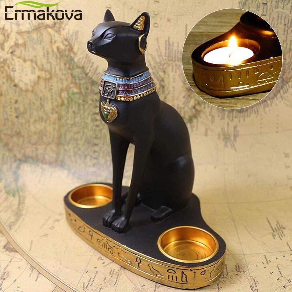 ERMAKOVA Egyptian Cat Craft Candlestick Candle Holder Resin Statue Retro Cat Goddess Figurine Home Office Garden Decoration Gift