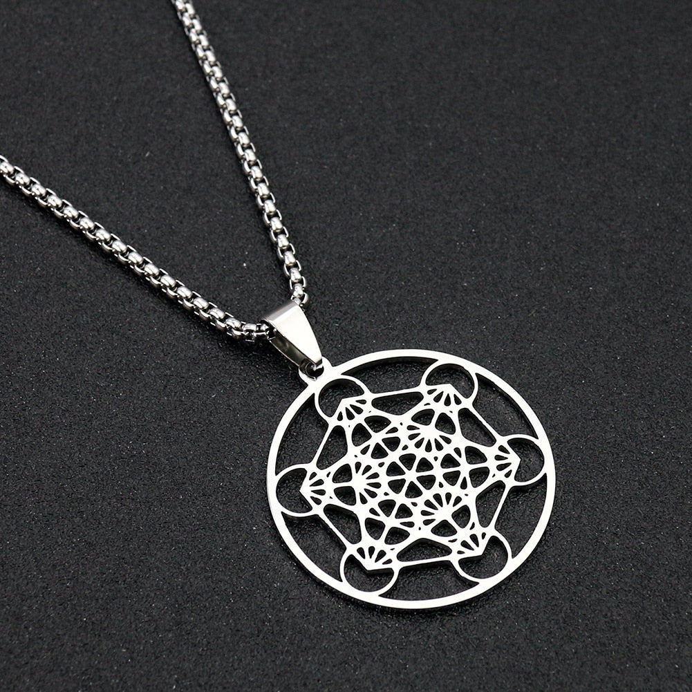 Stainless Steel Archangel Metatron Cube Necklace Chain for Women Men Sacred Occult Amulet Pendant Charms Jewelry Yoga Meditation