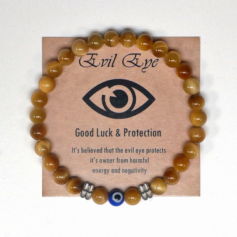 Natural Tiger Eye Beaded Bracelet Amulet For Protection Blue Evil Eye Bracelet For Defense Against Archons & Malevolent Forces.