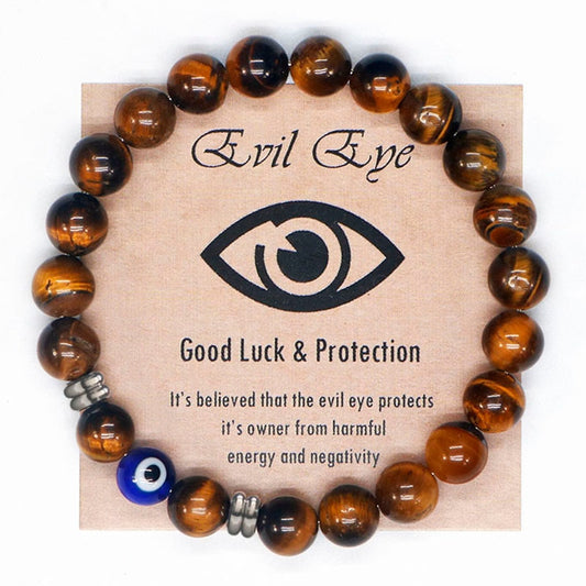 Natural Tiger Eye Beaded Bracelet Amulet For Protection Blue Evil Eye Bracelet For Defense Against Archons & Malevolent Forces.